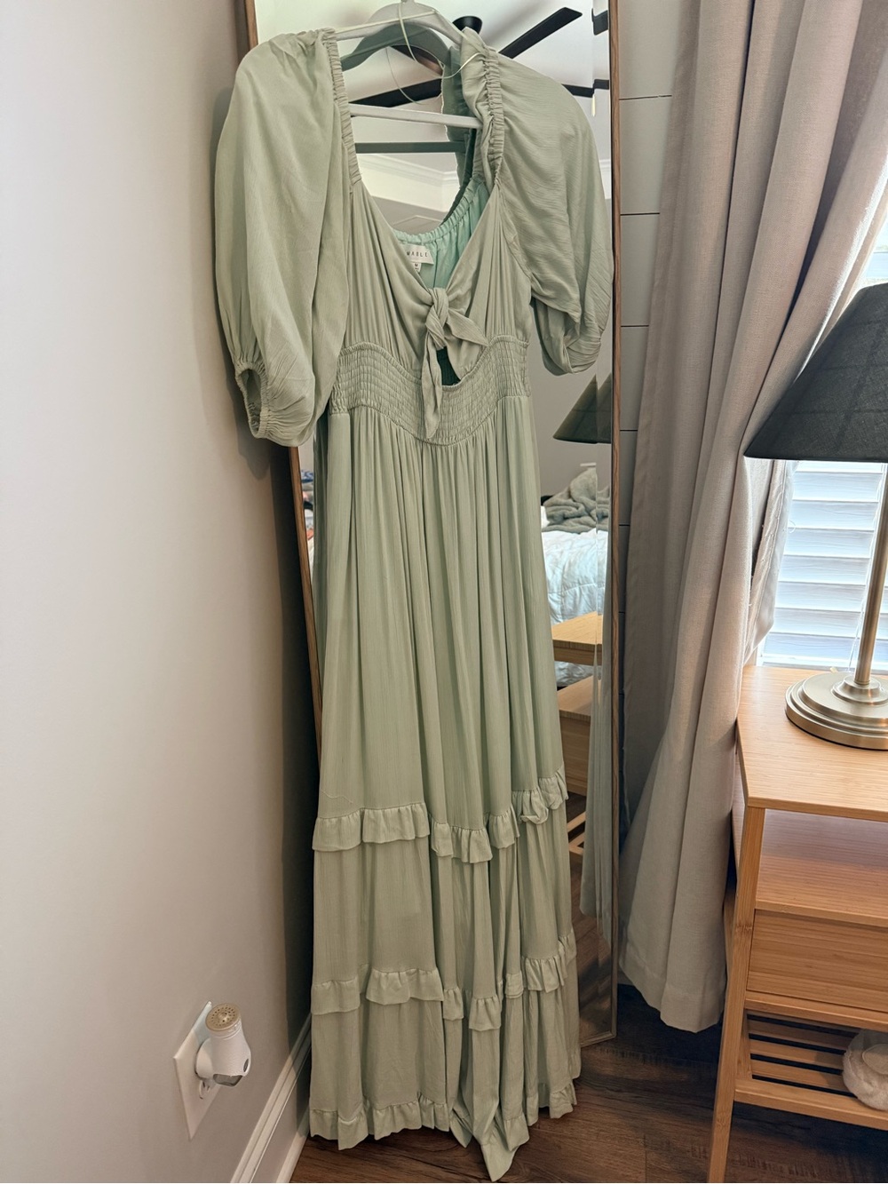 Sage Tie-Front Puff-Sleeve Maxi Dress